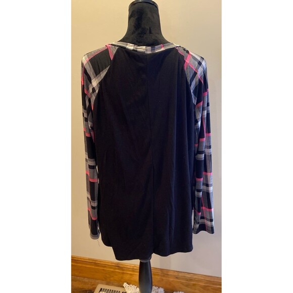 Sew In Love Blouse Size Large Top Black w Plaid Pink Raglan sleeves + Stretch - Picture 5 of 10